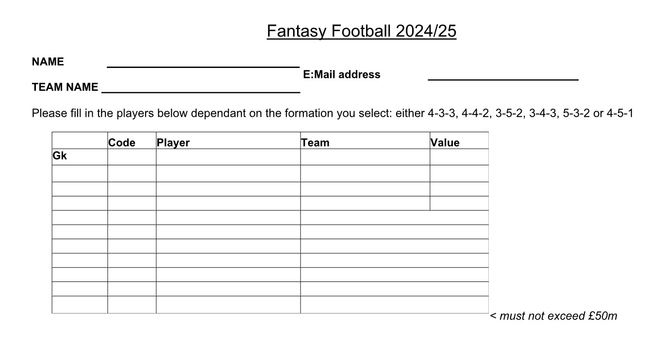 Team Selection Sheet Entry Form